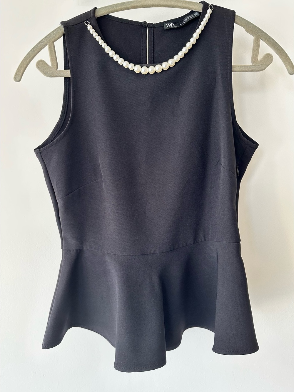Zara Black Sleeveless Peplum Top with Pearl Accent in XS